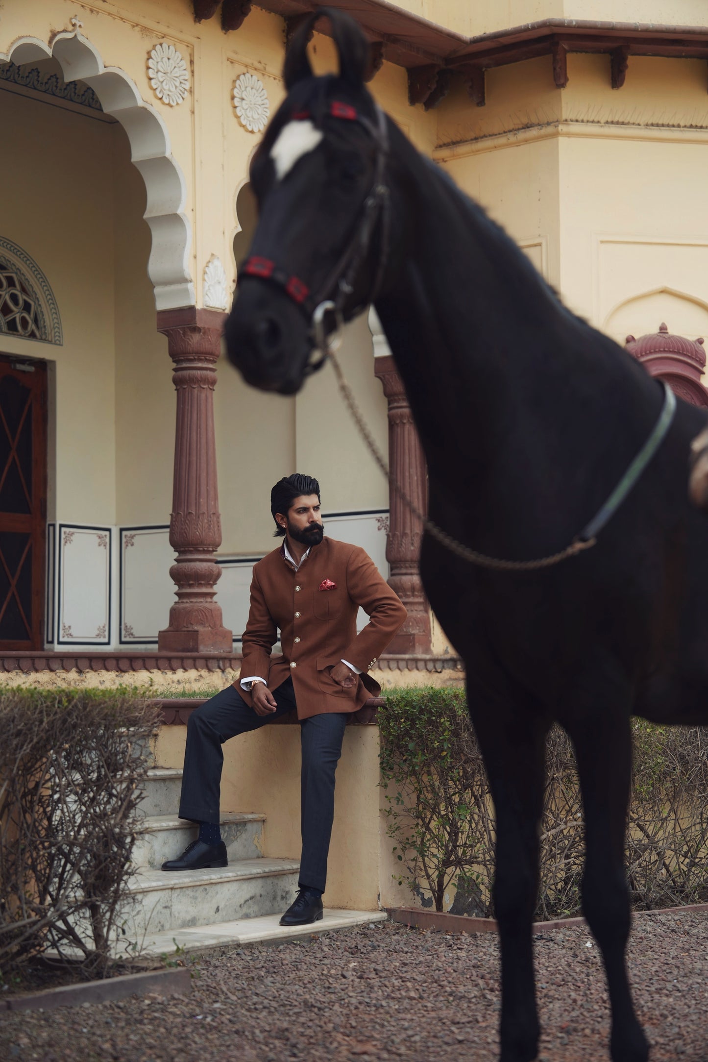 Tobacco Brown Linen Hand Made Bandhgala With Charcoal Grey Italian Trouser