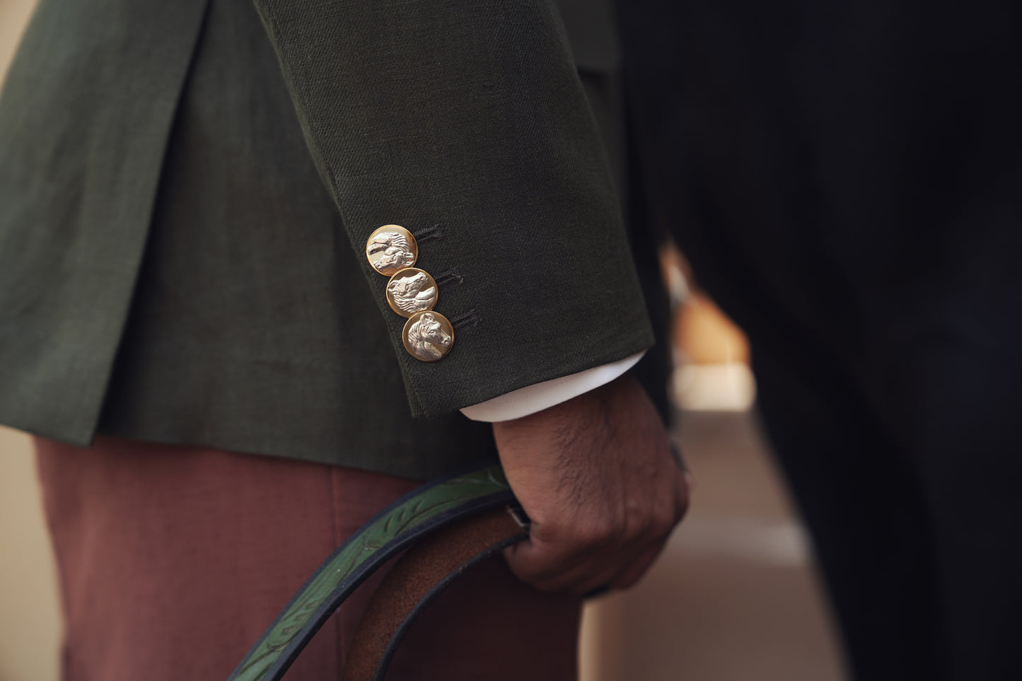 Olive Green Linen Hand Made Bandhgala with Brick Red Italian Trouser