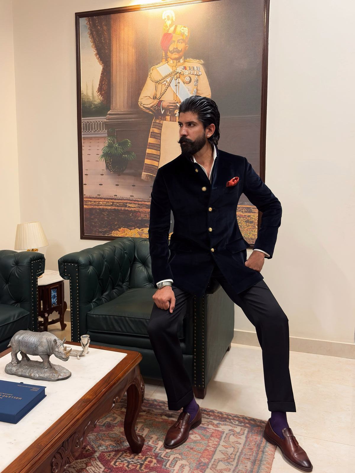 The Midnight Sapphire Velvet Bandhgala with Black Trouser