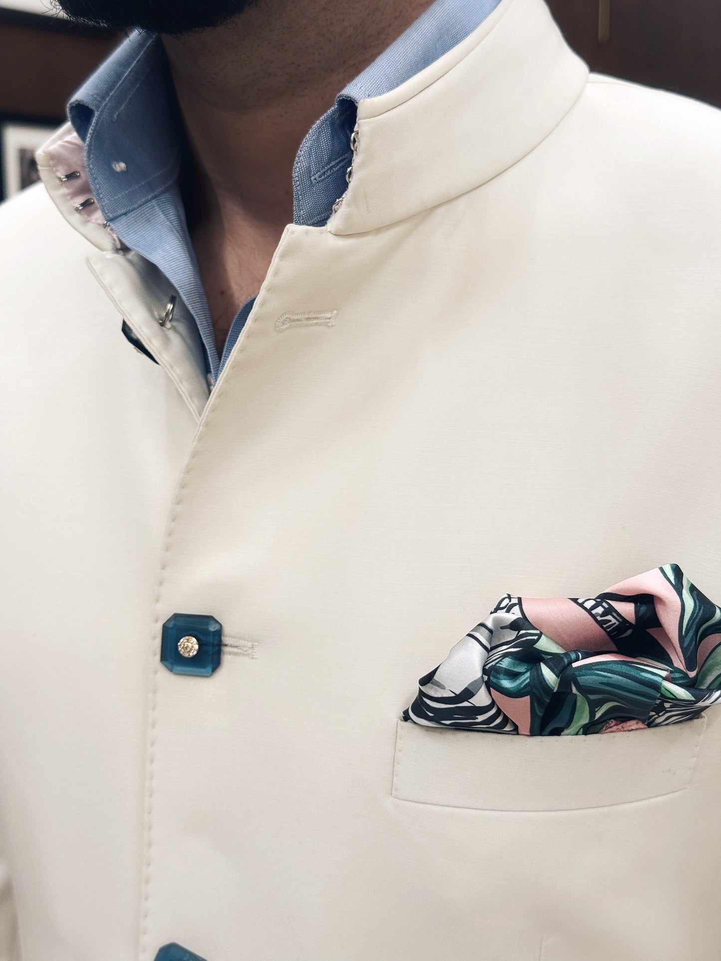 Ivory bandhgala with blue straight-fit trousers
