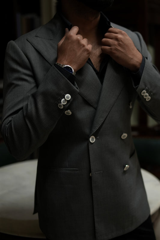 Grey Double-Breasted Blazer with Black Trousers