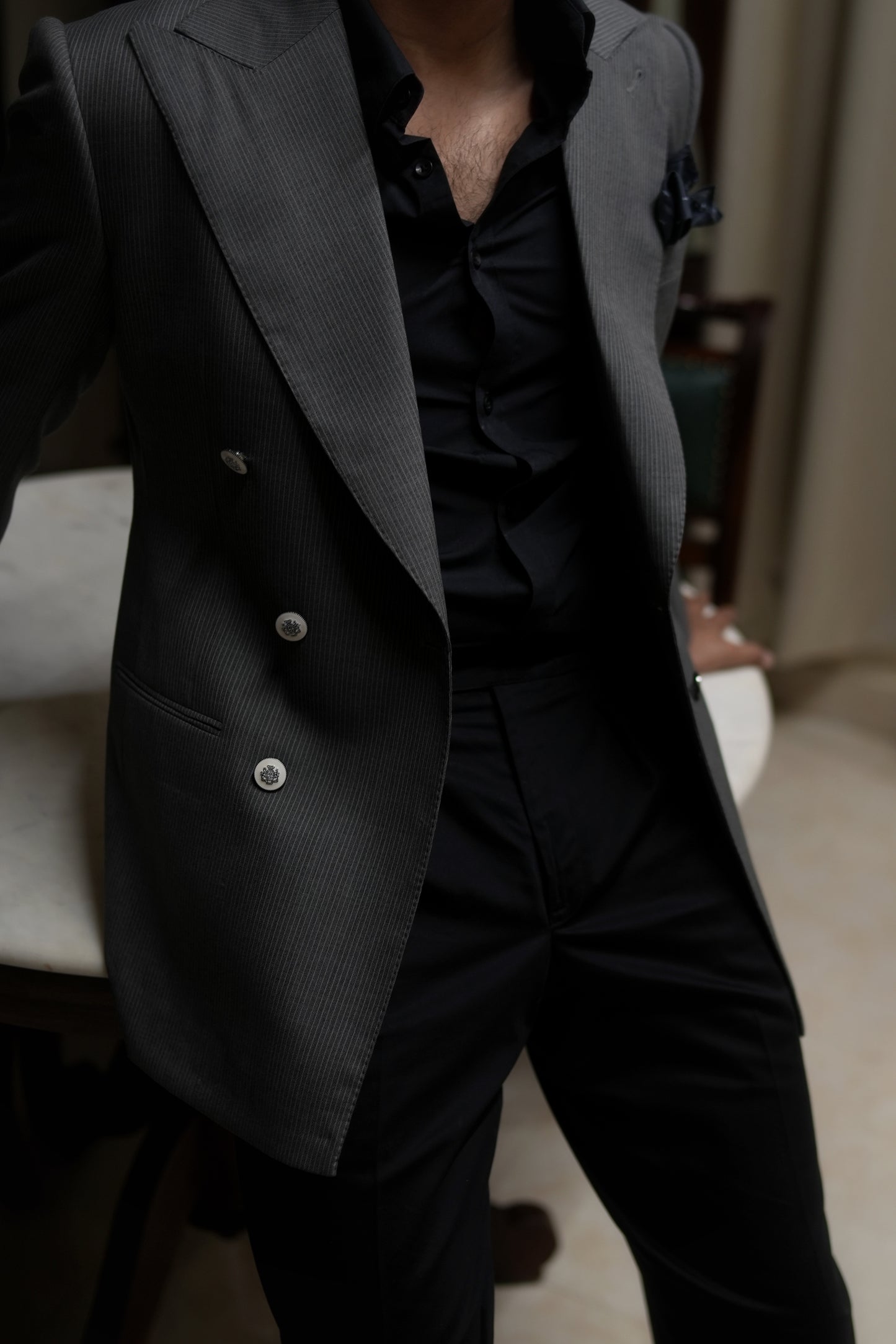 Grey Double-Breasted Blazer with Black Trousers