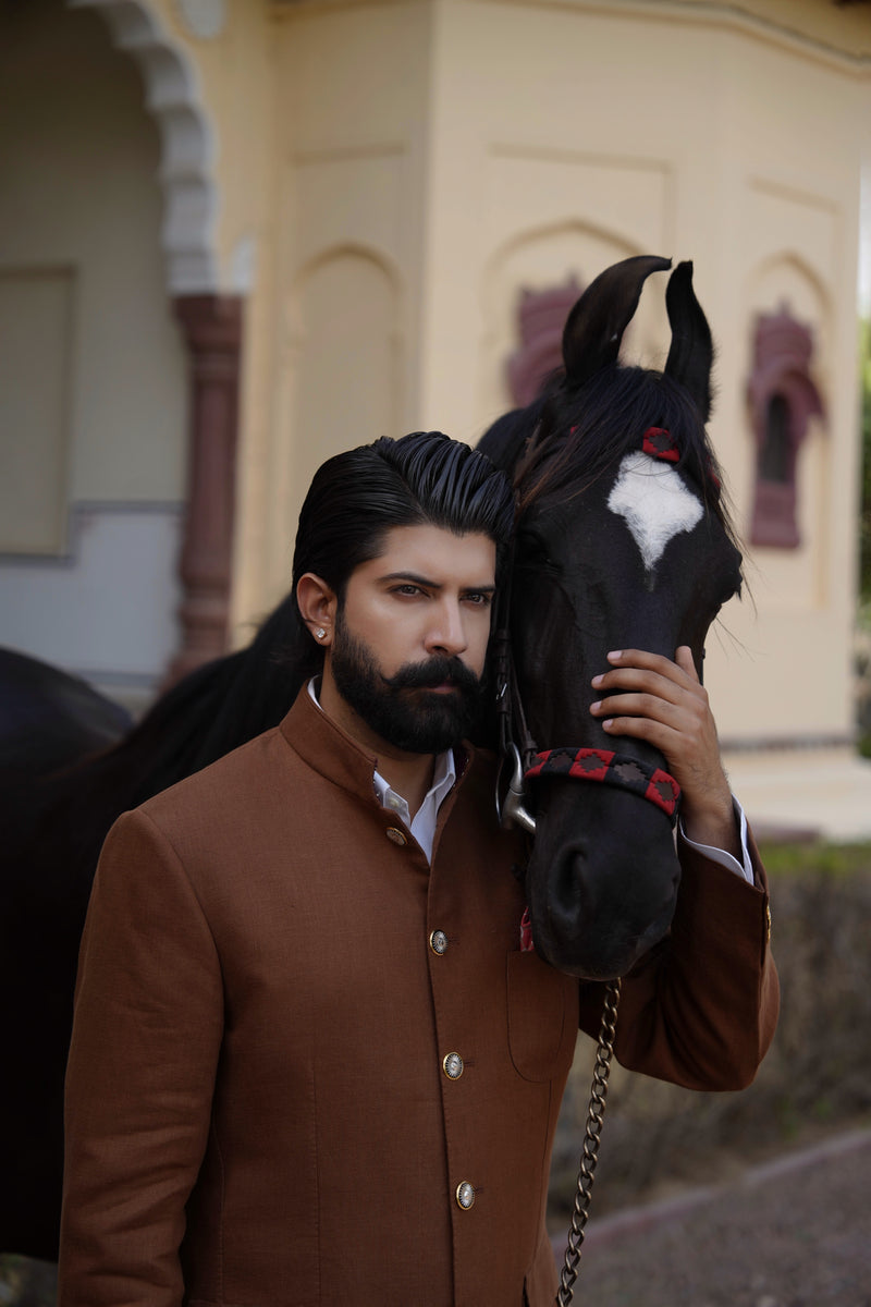 Tobacco Brown Linen Hand Made Bandhgala With Charcoal Grey Italian Trouser