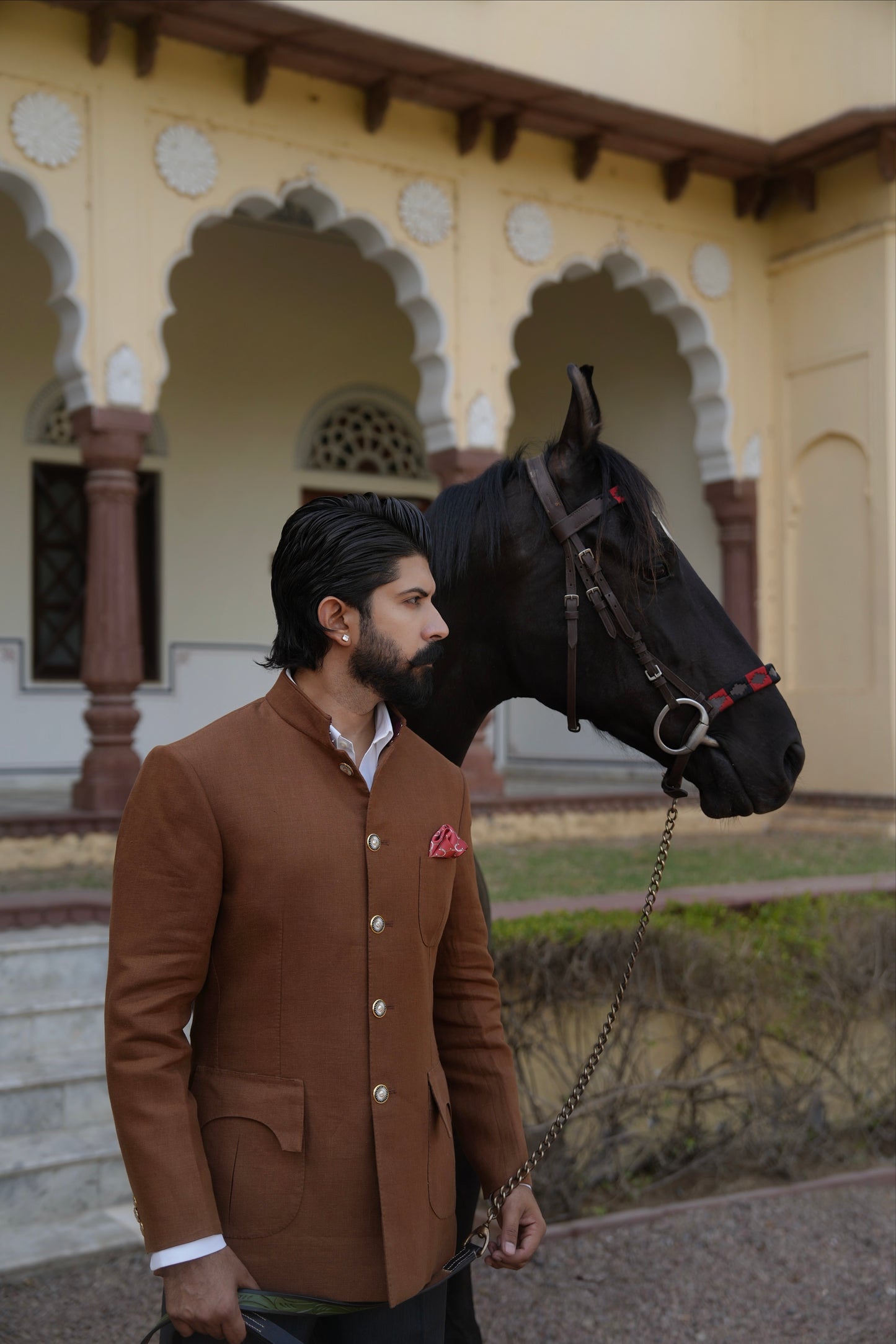 Tobacco Brown Linen Hand Made Bandhgala With Charcoal Grey Italian Trouser