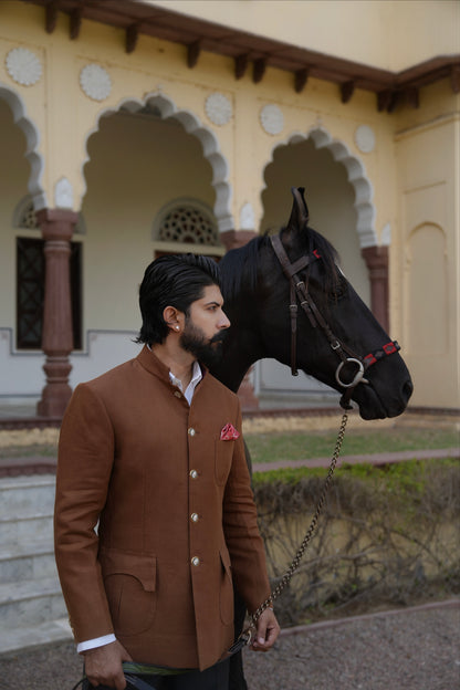 Tobacco Brown Linen Hand Made Bandhgala With Charcoal Grey Italian Trouser
