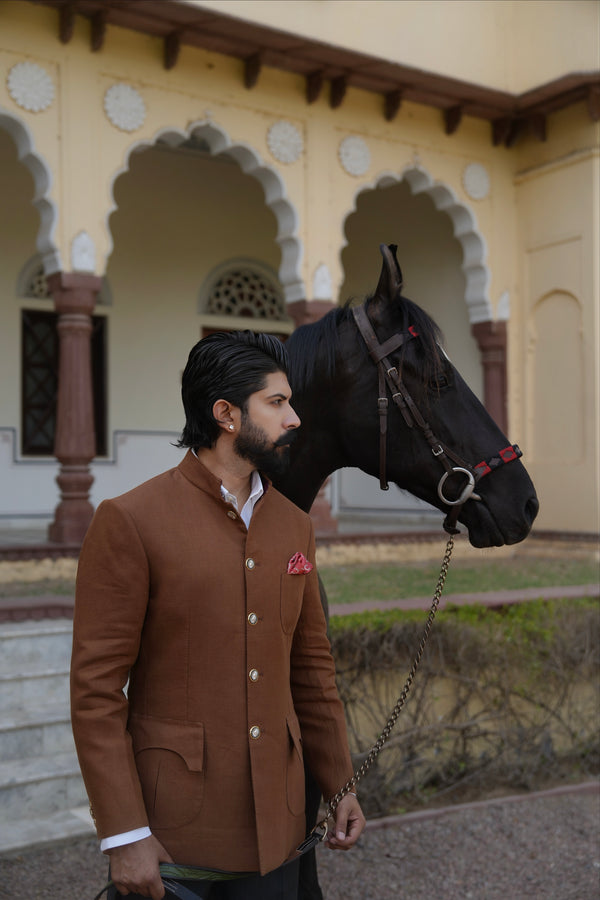 Tobacco Brown Linen Hand Made Bandhgala With Charcoal Grey Italian Trouser