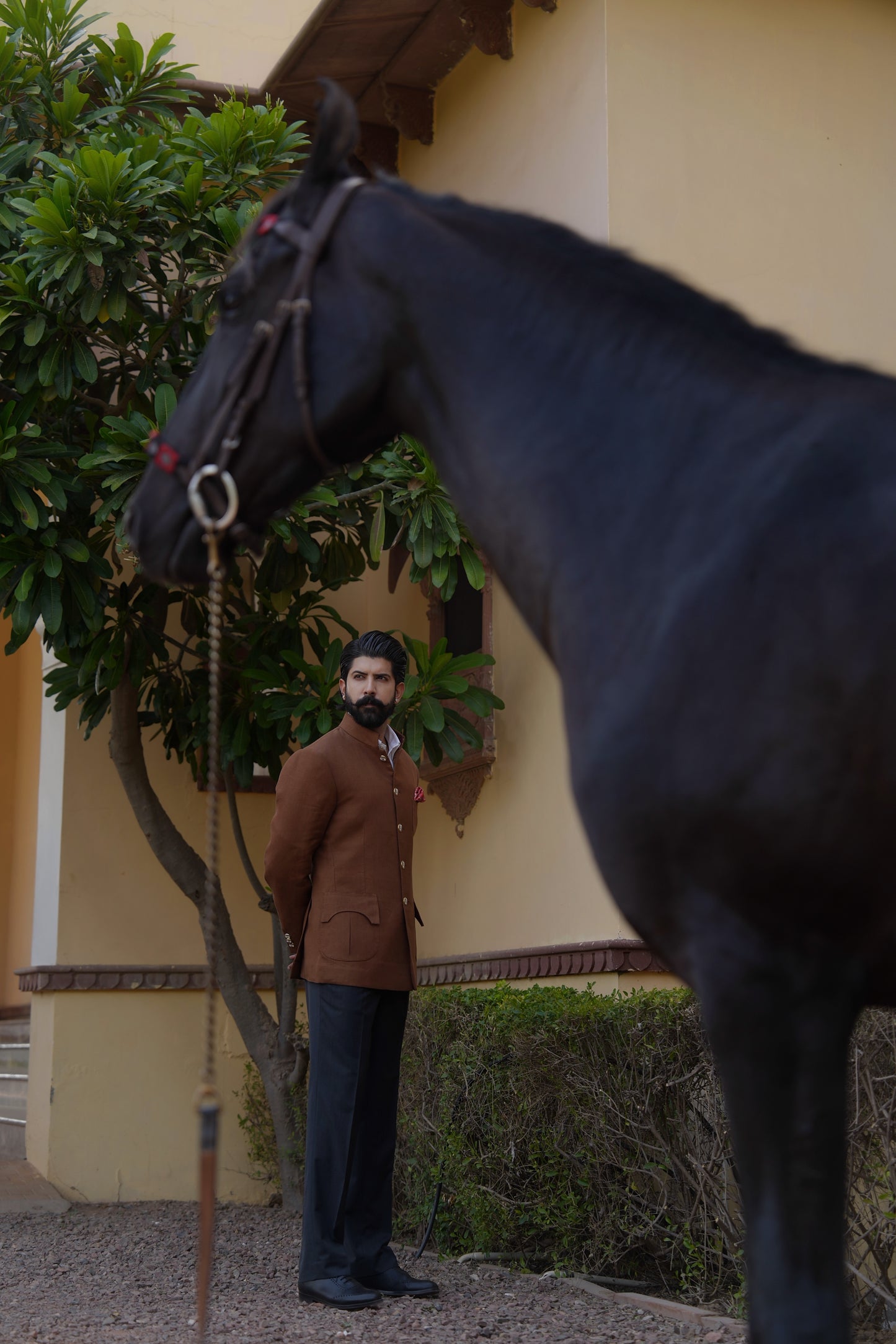 Tobacco Brown Linen Hand Made Bandhgala With Charcoal Grey Italian Trouser