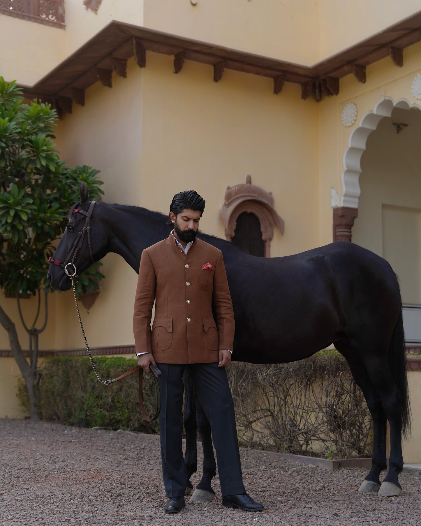 Tobacco Brown Linen Hand Made Bandhgala With Charcoal Grey Italian Trouser