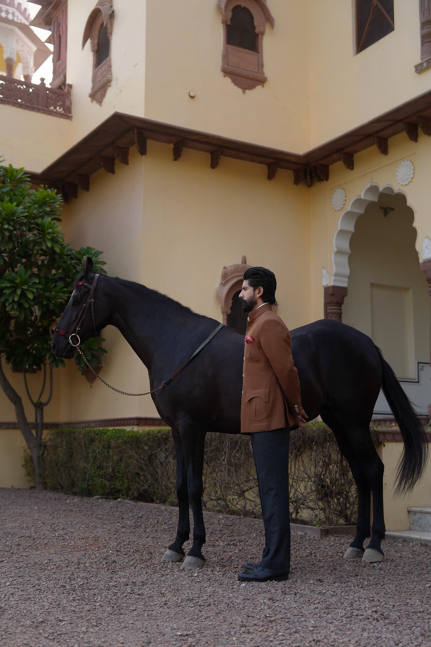 Tobacco Brown Linen Hand Made Bandhgala With Charcoal Grey Italian Trouser