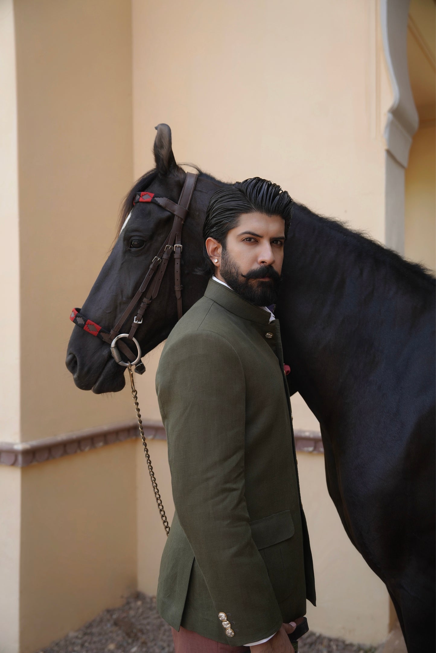 Olive Green Linen Hand Made Bandhgala with Brick Red Italian Trouser