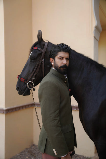 Olive Green Linen Hand Made Bandhgala with Brick Red Italian Trouser