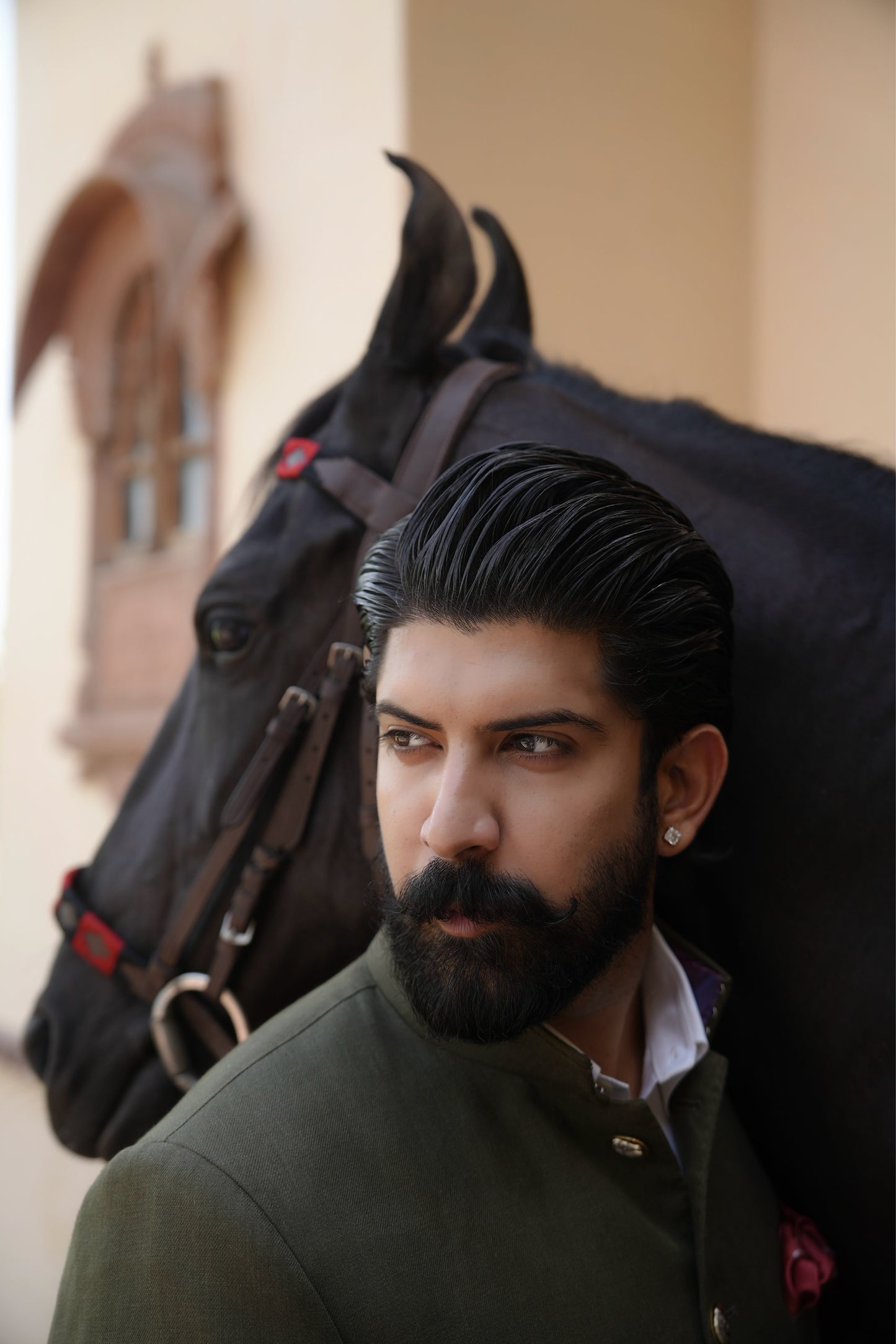 Olive Green Linen Hand Made Bandhgala with Brick Red Italian Trouser