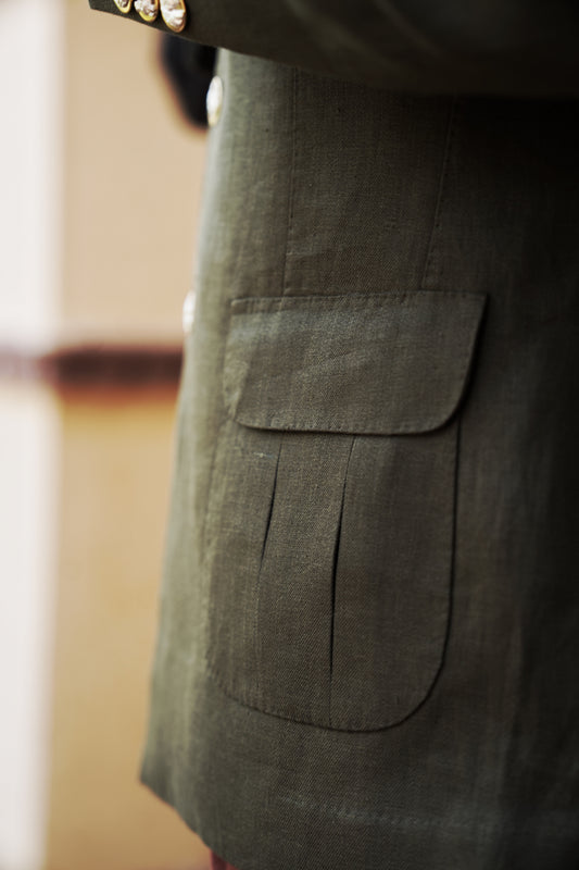 Olive Green Linen Hand Made Bandhgala with Brick Red Italian Trouser