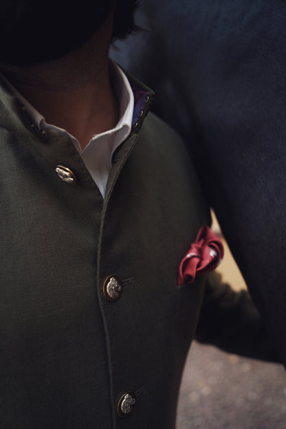 Olive Green Linen Hand Made Bandhgala with Brick Red Italian Trouser