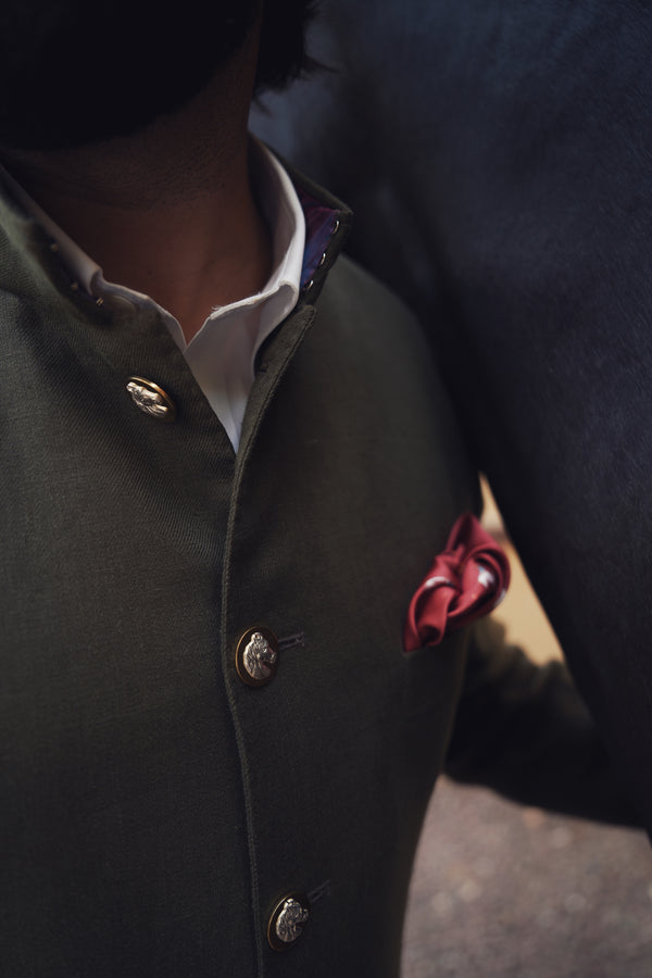 Olive Green Linen Hand Made Bandhgala with Brick Red Italian Trouser