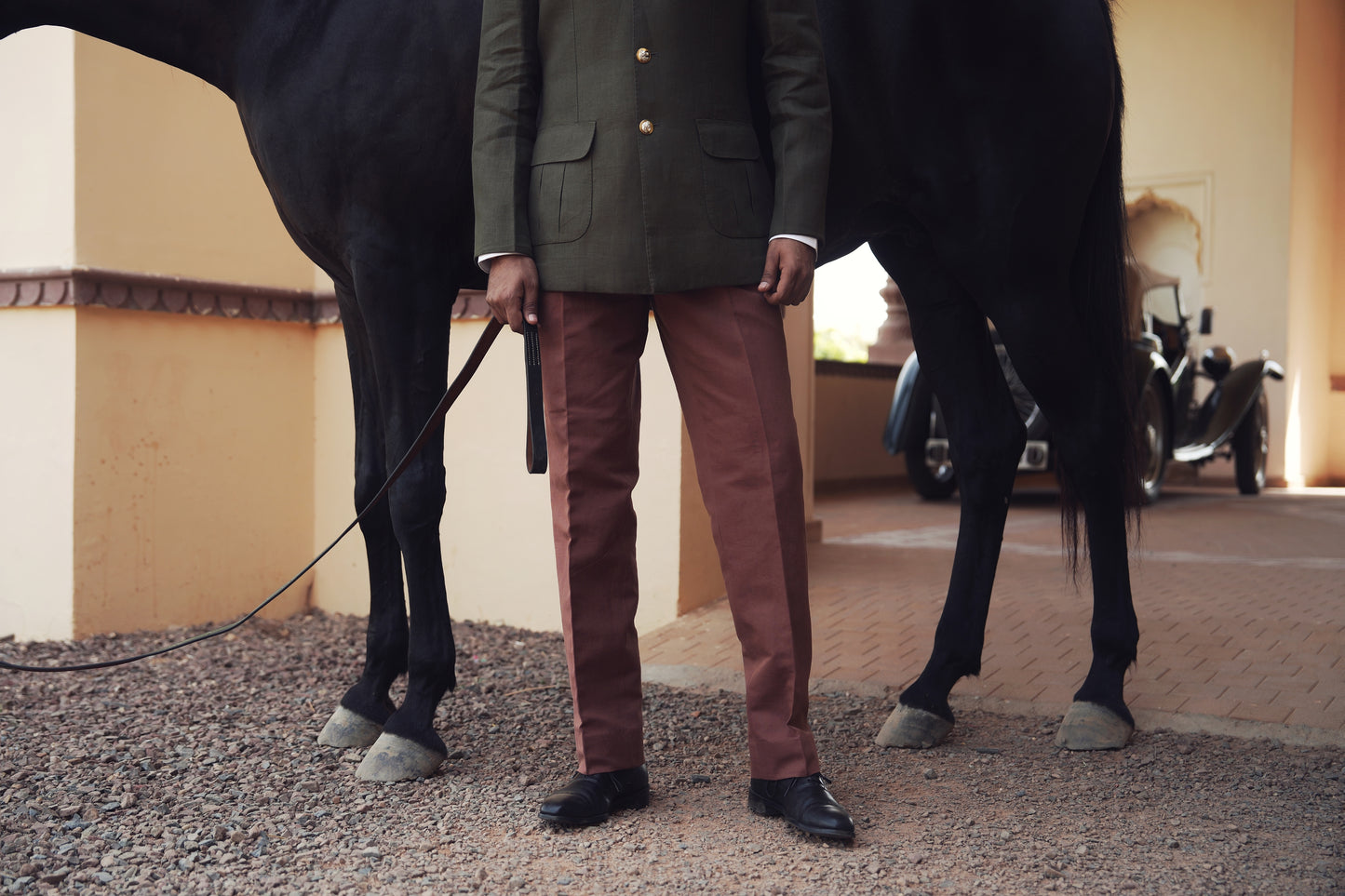 Olive Green Linen Hand Made Bandhgala with Brick Red Italian Trouser