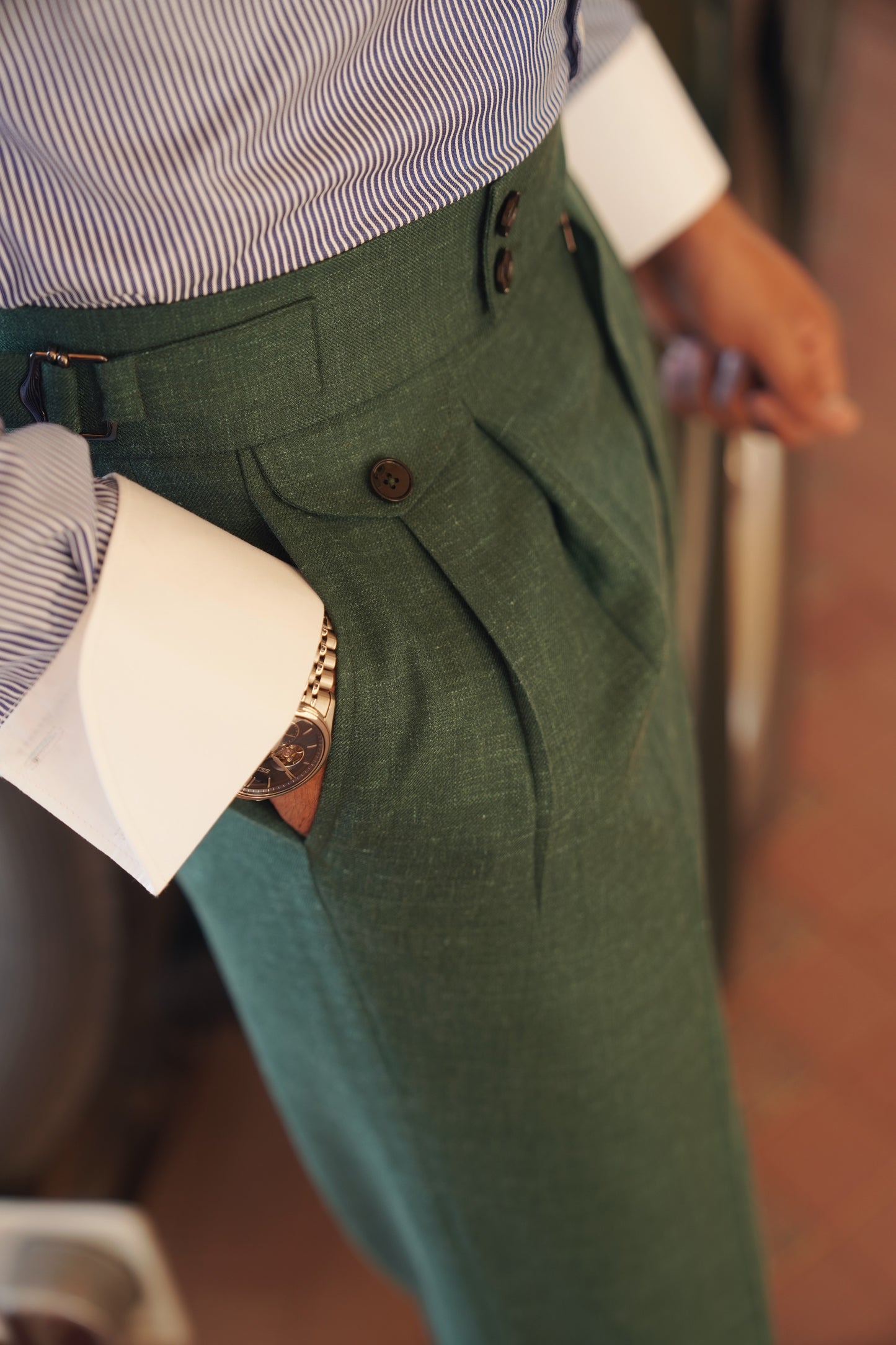 White Linen Double Breasted Blazer With Green Trouser
