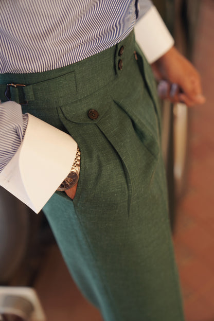 White Linen Double Breasted Blazer With Green Trouser