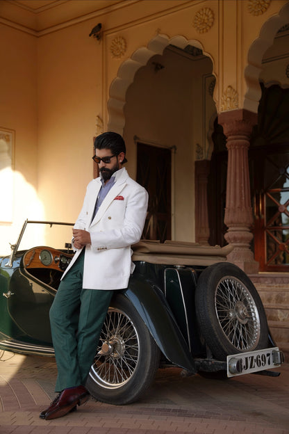 White Linen Double Breasted Blazer With Green Trouser