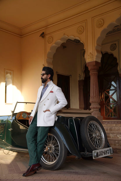White Linen Double Breasted Blazer With Green Trouser