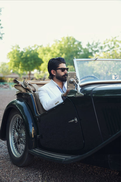 White Linen Double Breasted Blazer With Green Trouser
