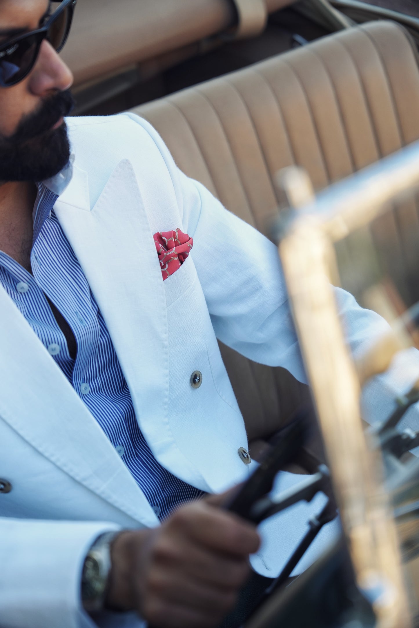 White Linen Double Breasted Blazer With Green Trouser