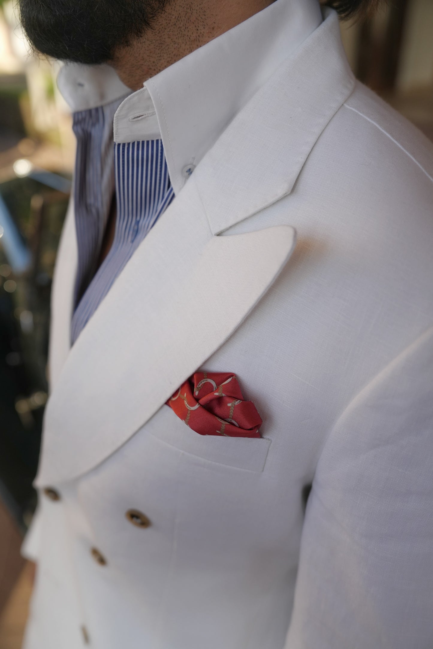 White Linen Double Breasted Blazer With Green Trouser
