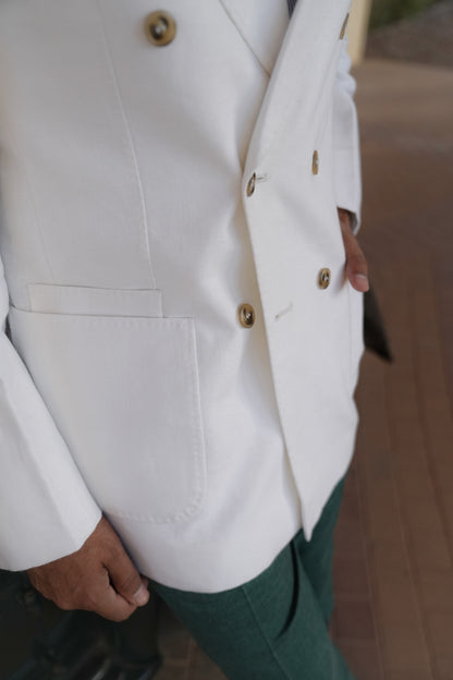 White Linen Double Breasted Blazer With Green Trouser