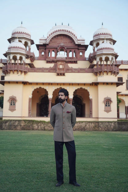 Beige Bandhgala With Classic Black Trouser