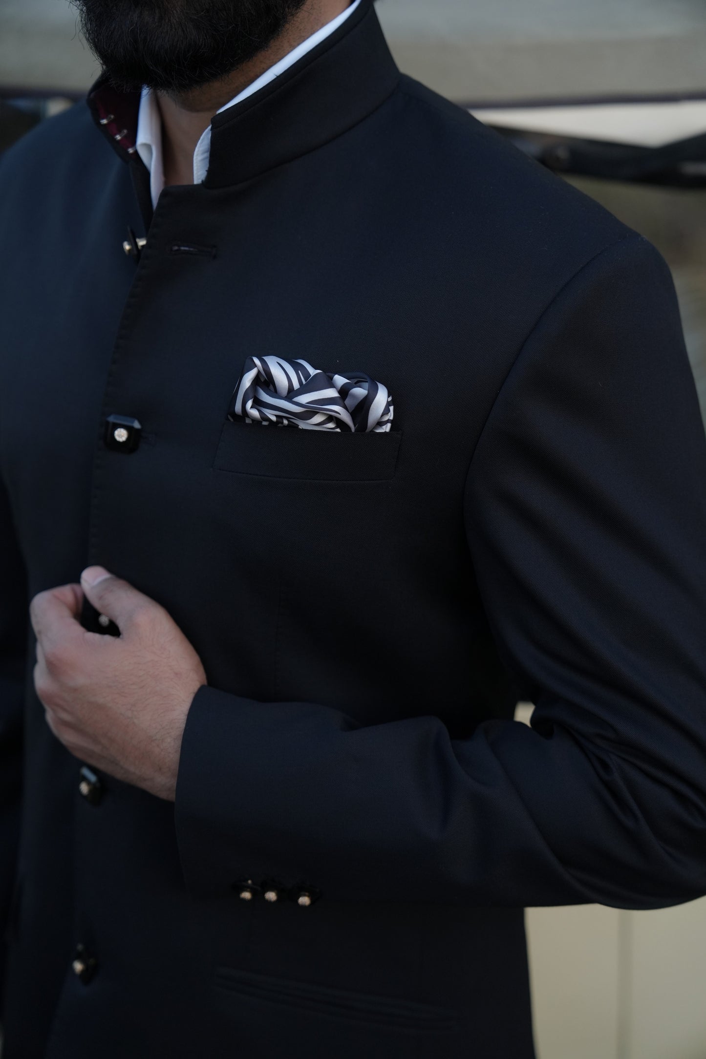 Hand stitched black bandhgala suit