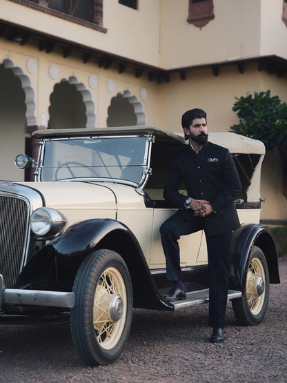 Hand stitched black bandhgala suit