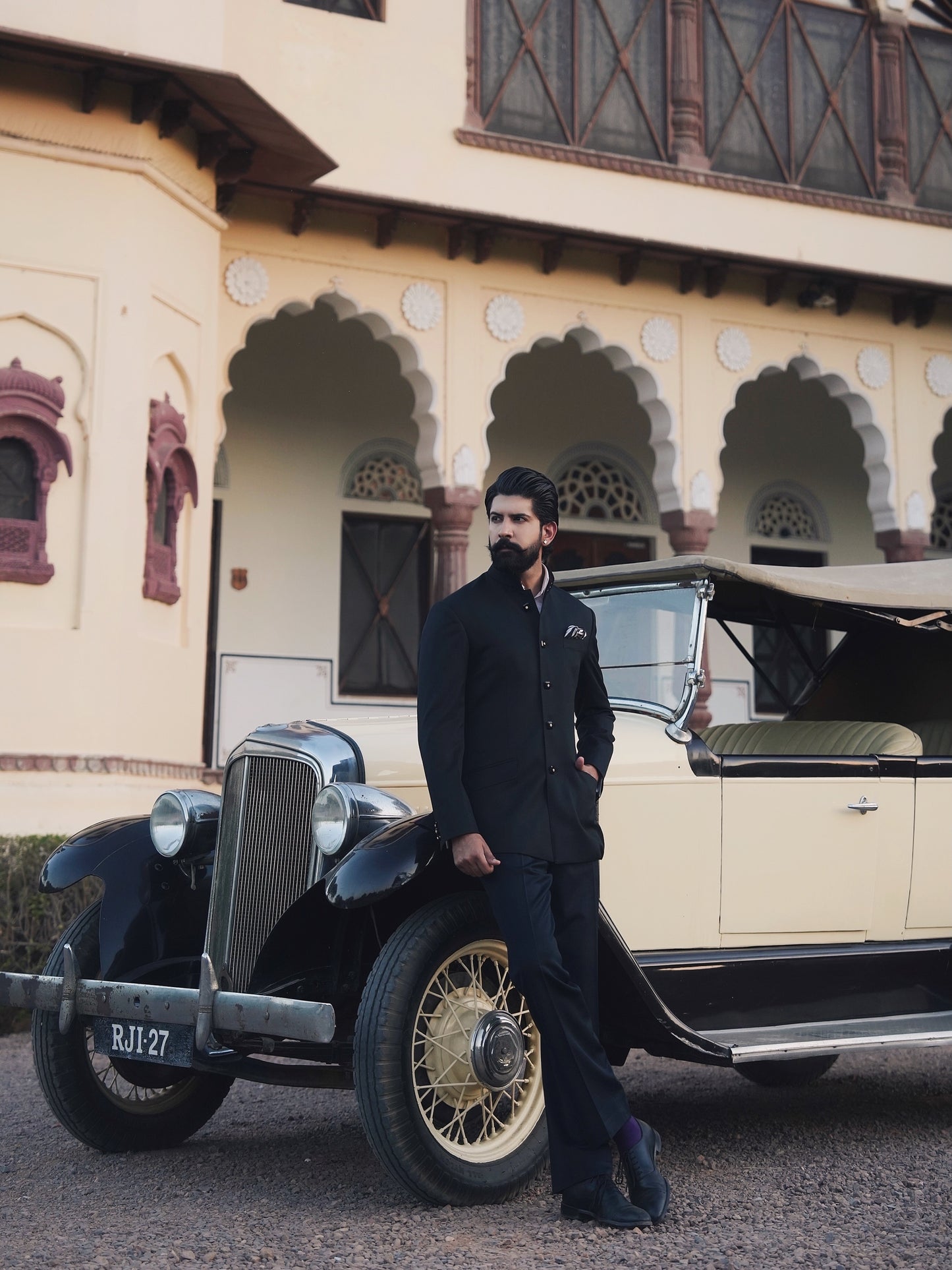 Hand stitched black bandhgala suit