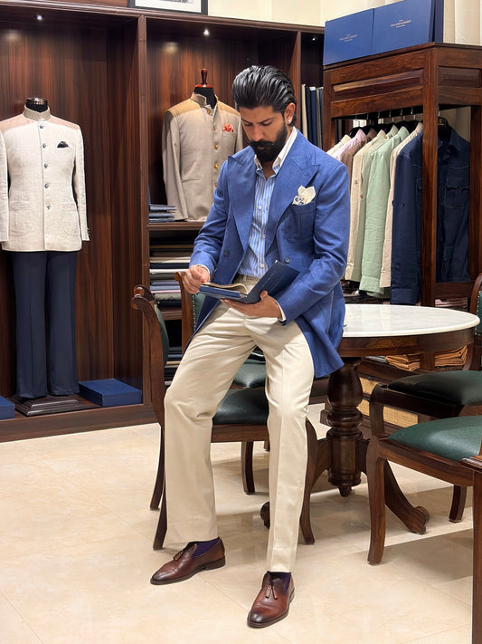 Blue Linen Silk Double Breasted Blazzer with Italian Trouser