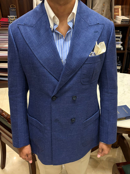 Blue Linen Silk Double Breasted Blazzer with Italian Trouser