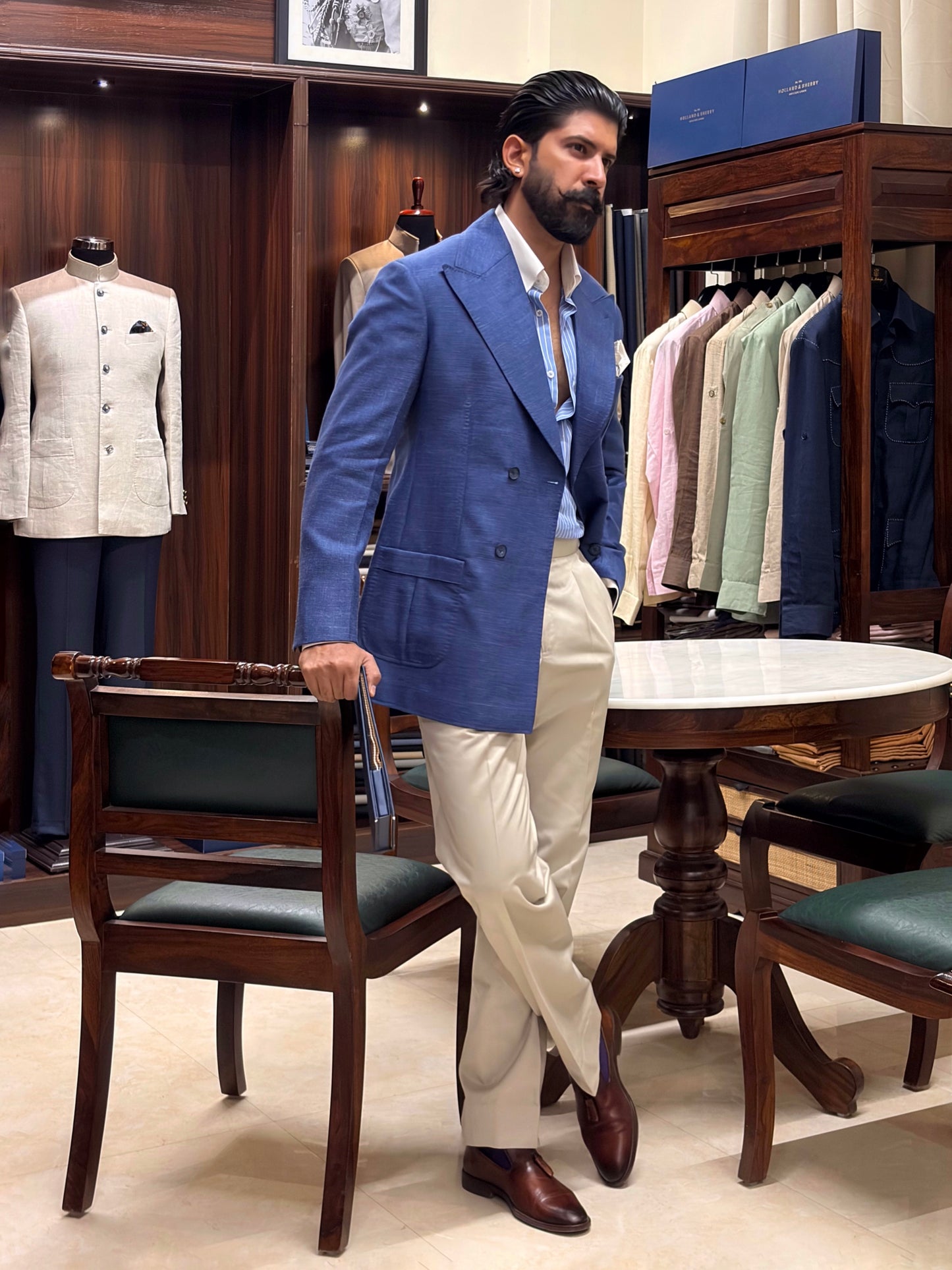 Blue Linen Silk Double Breasted Blazzer with Italian Trouser