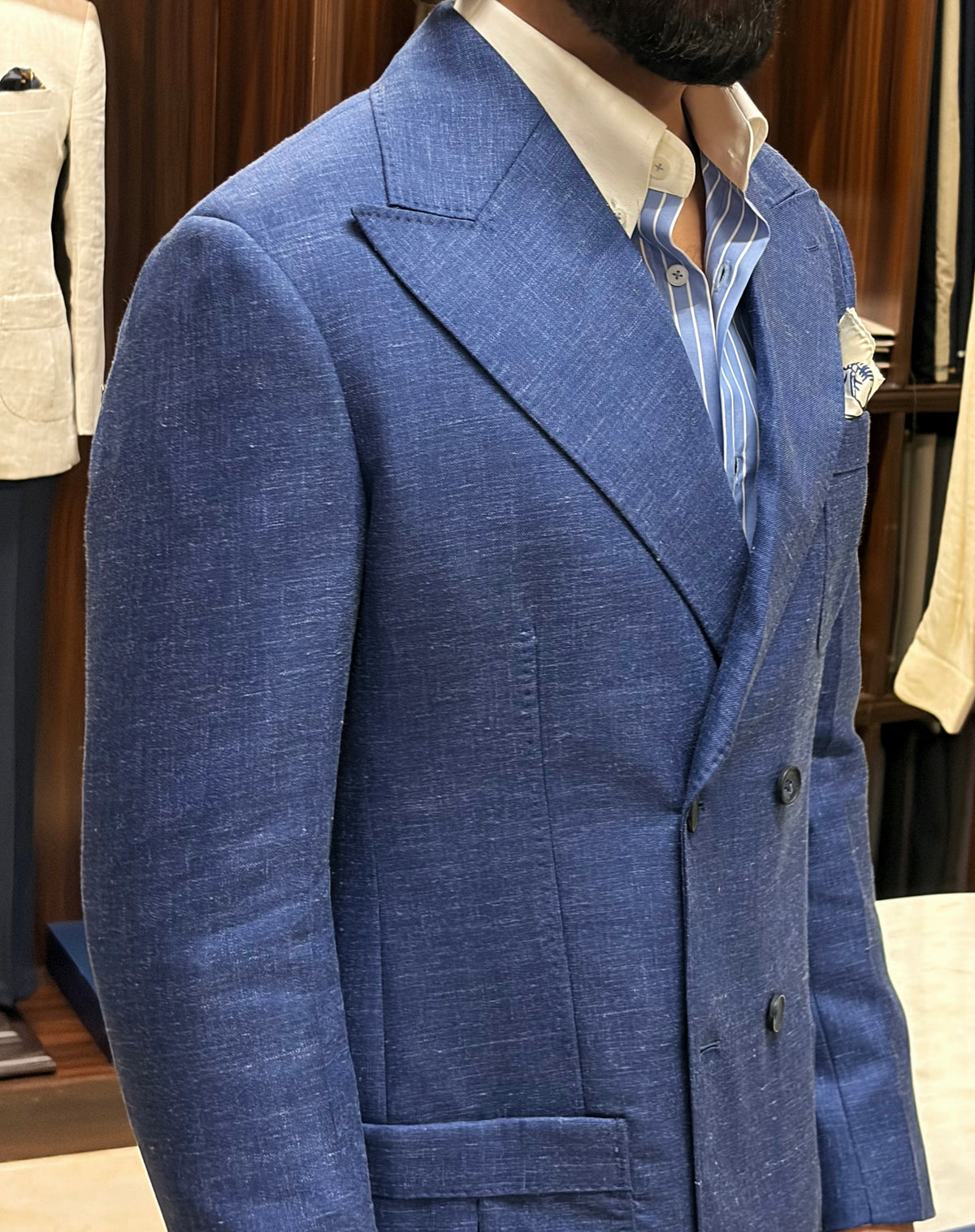 Blue Linen Silk Double Breasted Blazzer with Italian Trouser