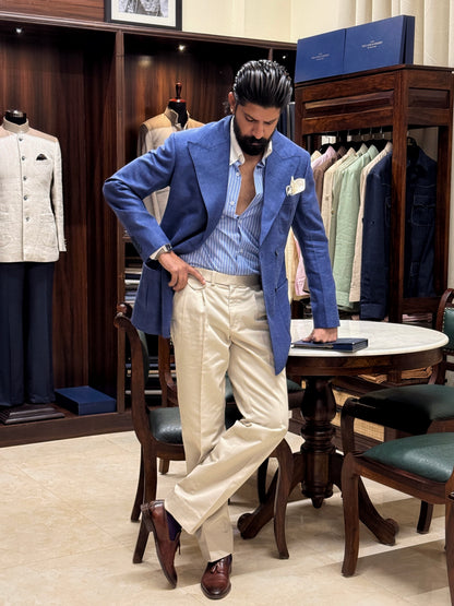 Blue Linen Silk Double Breasted Blazzer with Italian Trouser