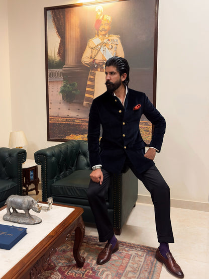 The Midnight Sapphire Velvet Bandhgala with Black Trouser