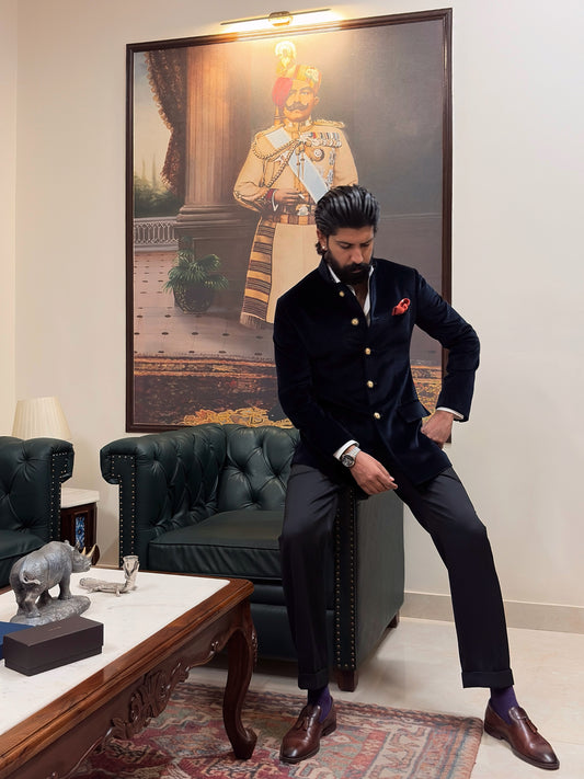 The Midnight Sapphire Velvet Bandhgala with Black Trouser