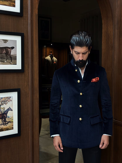 The Midnight Sapphire Velvet Bandhgala with Black Trouser