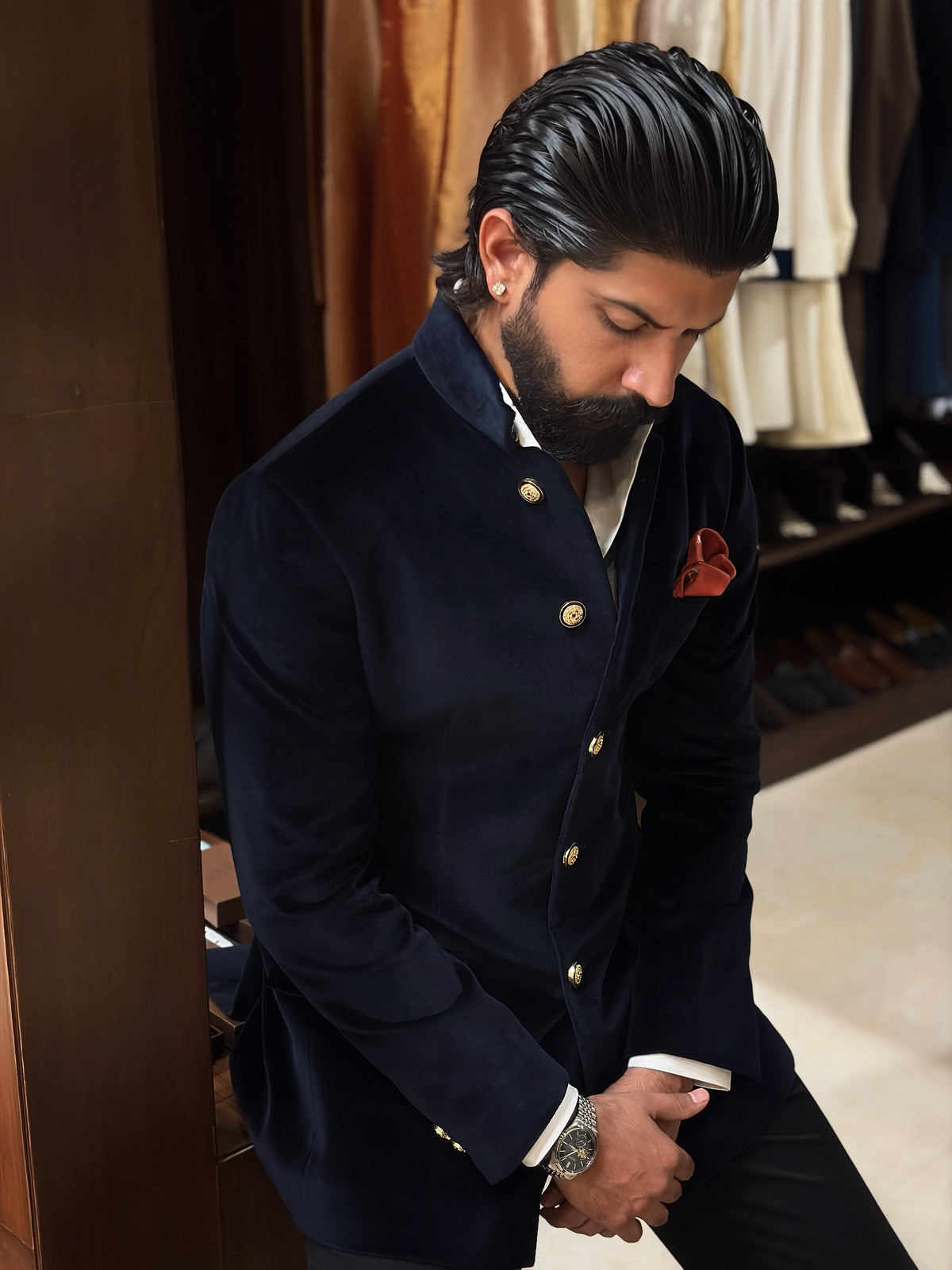 The Midnight Sapphire Velvet Bandhgala with Black Trouser