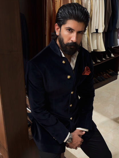 The Midnight Sapphire Velvet Bandhgala with Black Trouser