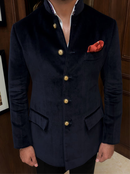 The Midnight Sapphire Velvet Bandhgala with Black Trouser