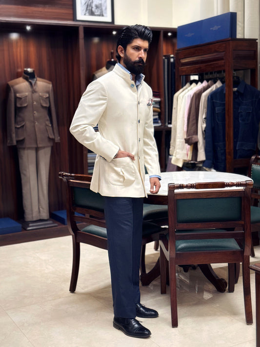 Ivory bandhgala with blue straight-fit trousers