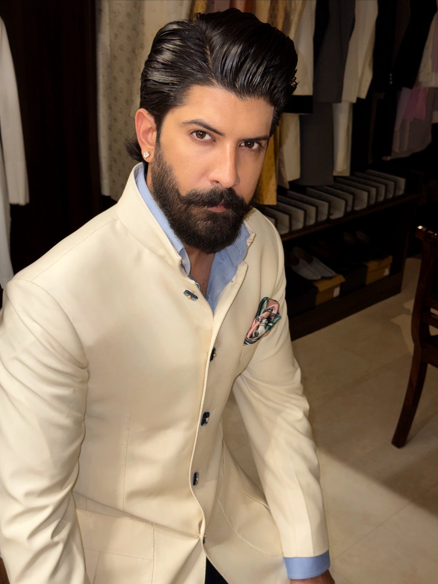 Ivory bandhgala with blue straight-fit trousers