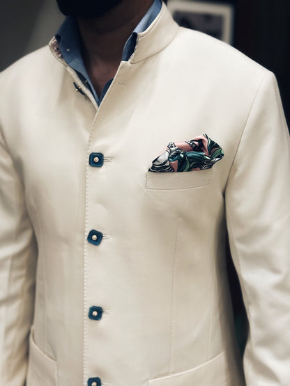 Ivory bandhgala with blue straight-fit trousers