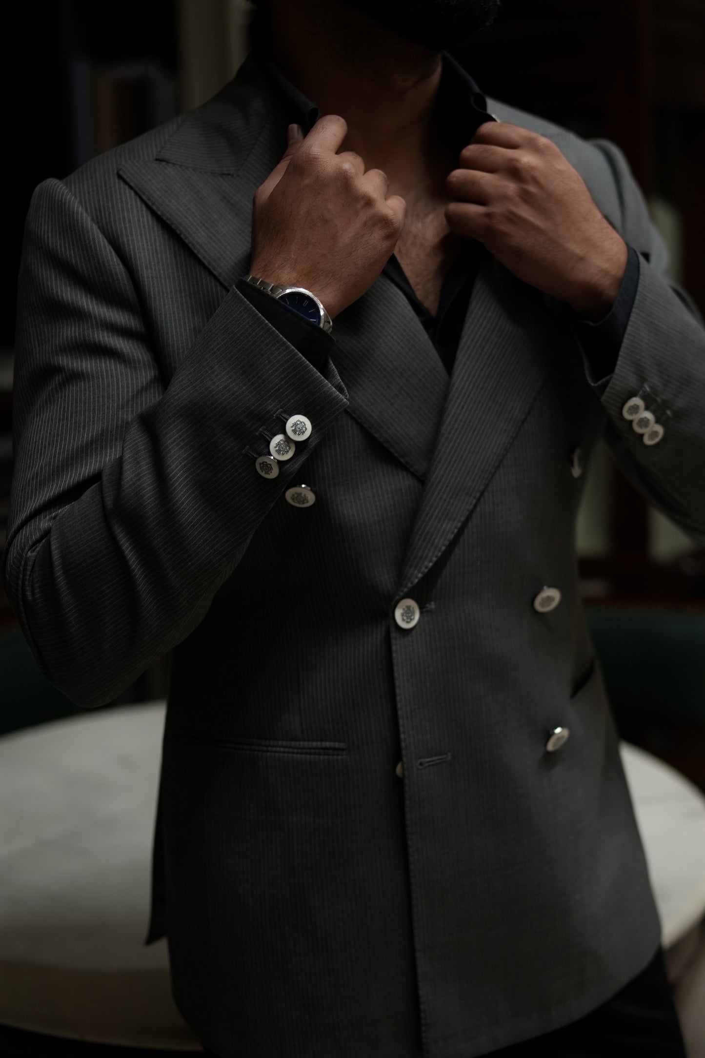 Grey Double-Breasted Blazer with Black Trousers