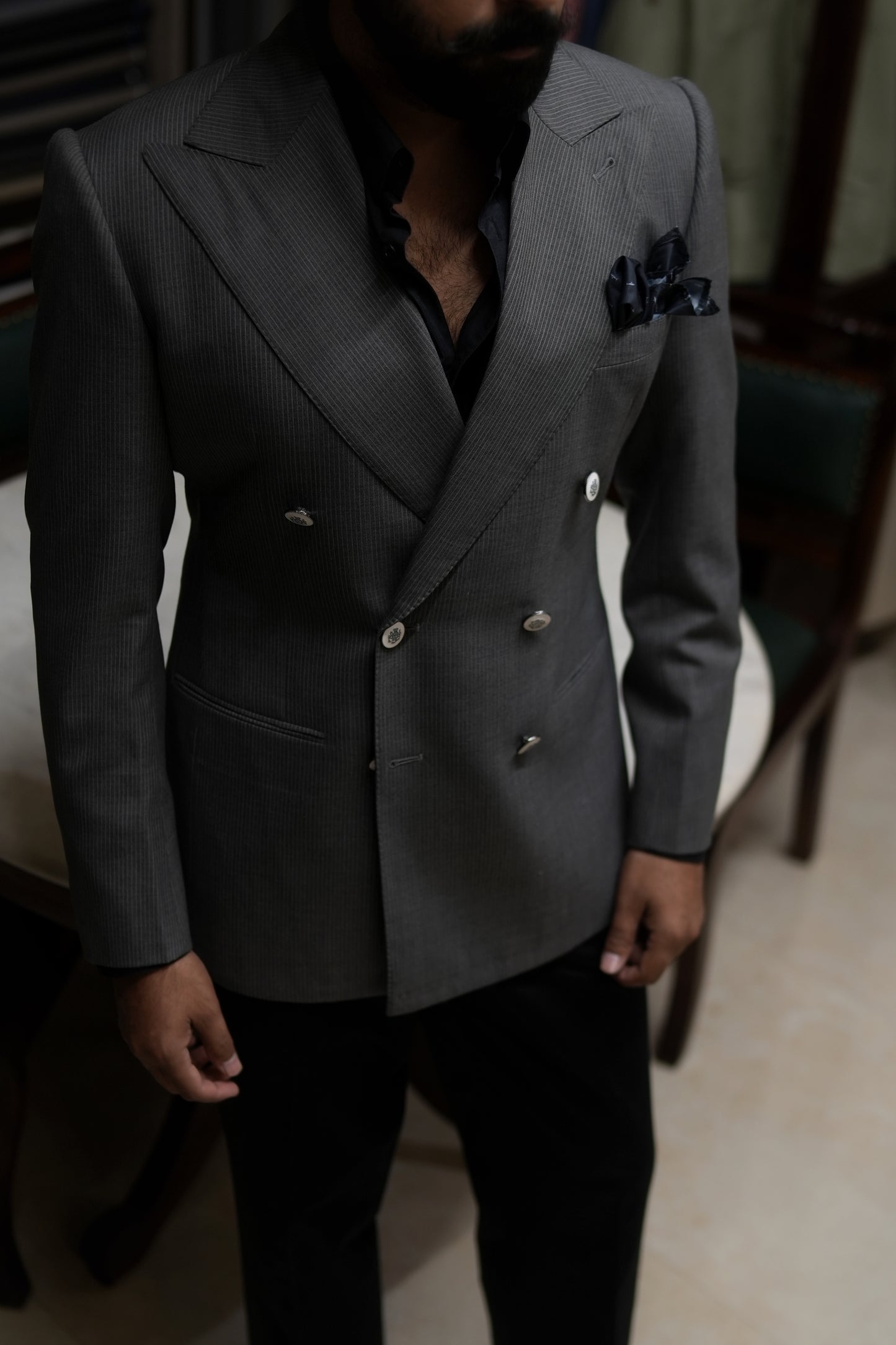Grey Double-Breasted Blazer with Black Trousers