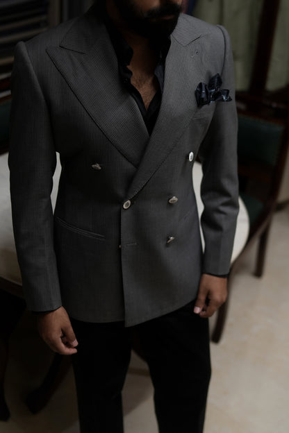 Grey Double-Breasted Blazer with Black Trousers