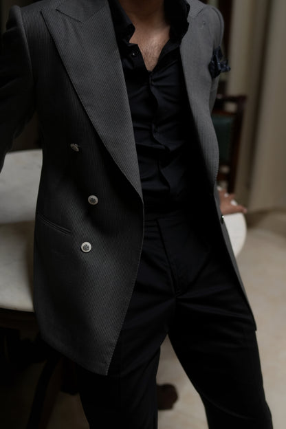 Grey Double-Breasted Blazer with Black Trousers